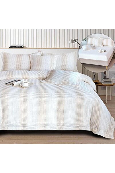 OEM Premium Embossed Bed Linen, 2 people, 6 pieces, with elastic, cream and white, LFG101
