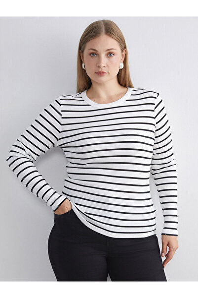 LC Waikiki Ecru Crew Neck Striped Women's Bodysuit