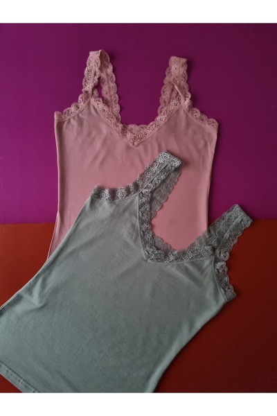 Demirsa Boutique Lace Detailed Modal Fabric Strap Green and Powder 2-Piece Women's Tank Top
