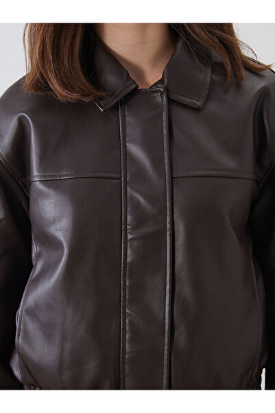 LC Waikiki Gömlek Yaka Kadın Deri Görünümlü Ceket
