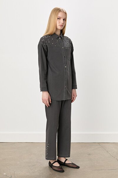 Nihan Taşlı Kot Pantolon Tunik Denim Takım Gri