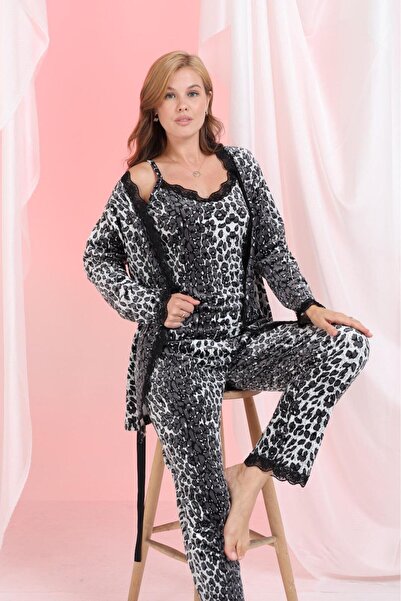 MEBA Women's 3-Piece Velvet Dressing Gown Pajama Set Dowry Set