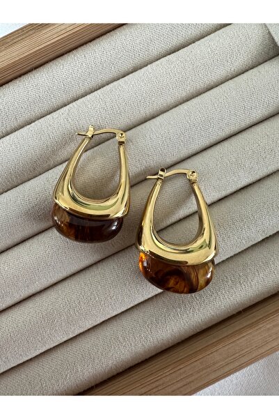 ringbox Kahverengi Akrilik Sallantılı Çelik Kararmaz Gold Küpe