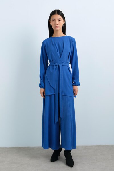 Nihan Kuşaklı Pantolon Tunik Takım Saks