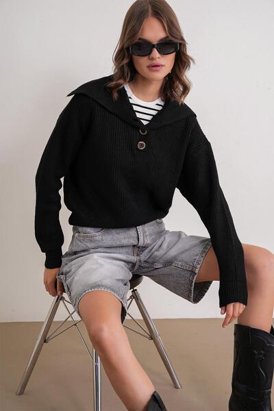 Mixray 6900 Women's Buttoned Turn-Down Collar Knit Sweater Black