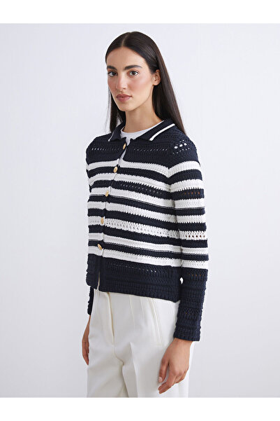 LC Waikiki Lacivert Polo Yaka Çizgili Ajurlu Kadın Triko Hırka