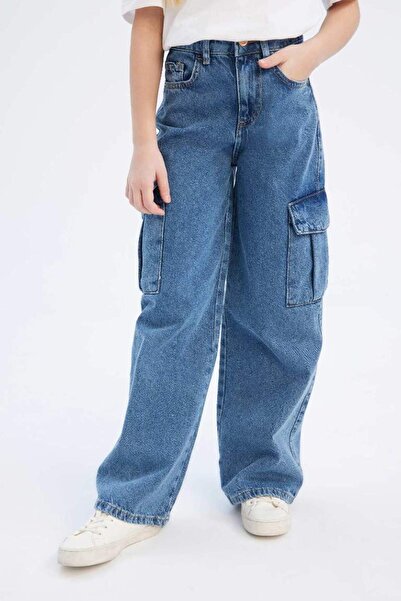DeFacto Kız Çocuk Wide Leg Kargo Geniş Bol Paça Pamuklu Jean Pantolon D7091A825SM