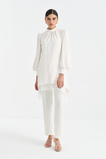 Nihan Omuz Detaylı Pantolon Tunik Takım Beyaz