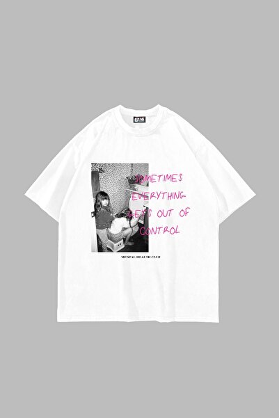 Bak Moda Băieți sau fete T-shirt alb unisex oversize cu imprimeu vintage Gets Out Of Control