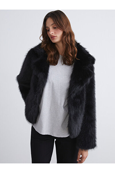 LC Waikiki Black Jacket Collar Women's Fur Coat