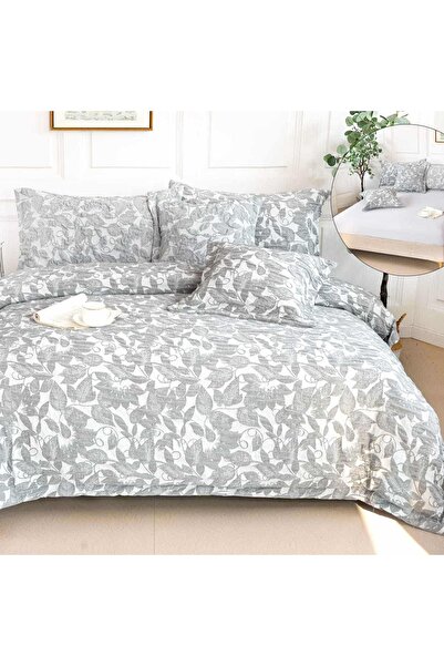 OEM Premium Embossed Bed Linen, 2 persons, 6 pieces, with elastic, gray, leaves, LFG120