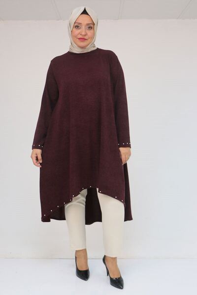 Eslina 58124 Φούστα μεγάλου μεγέθους και λεπτομέρεια με μανίκια Beyoğlu Mir Tunik - Μελιτζάνα