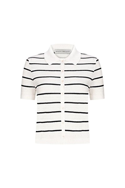Beauty Omelette Ekru Çizgili Ajurlu Polo Yaka Hırka