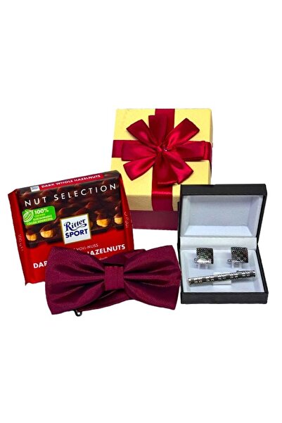 velve Set pentru barbati BowTie, papion, set butoni camasa si ac de cravata, ciocolata100gr, Rosu