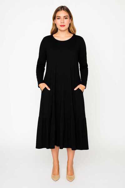 Şans Rochie de damă, mărime mare, neagră, cu decolteu rotund, cu tivul pliat, cu buzunare, din viscoză 65N39153