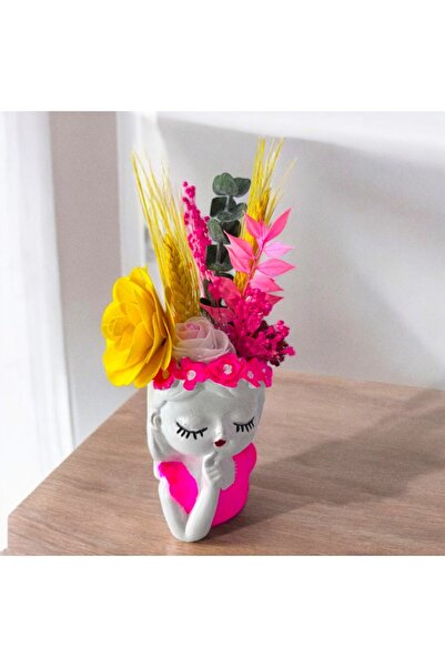 velve Decoratiune din ceramica, Fata Visatoare, cu begonie de lemn si flori c...