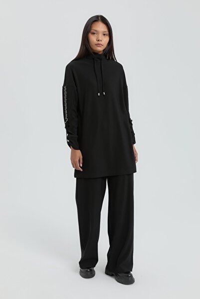Nihan Kolları Taşlı Örme Pantolon Tunik Takım Siyah
