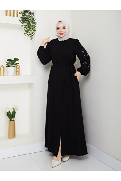 MUDUTEKSTİL Gizli Fermuarlı Kolu Nakışlı Ferace Siyah