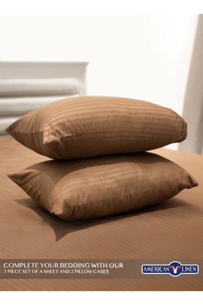 American Linen Single Striped Fitted Elastic Bedsheet with 1 Pillow Case 90 x 190 Cm (Brown)