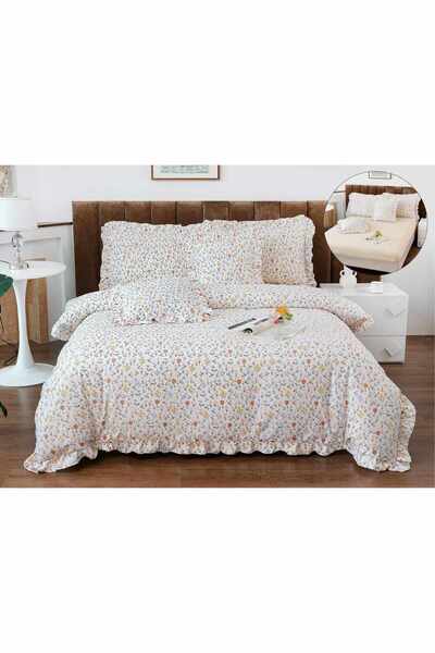 OEM Bed linen with ruffles, 2 persons, finet, 6 pieces, with elastic, cream, popcorn, LELV119