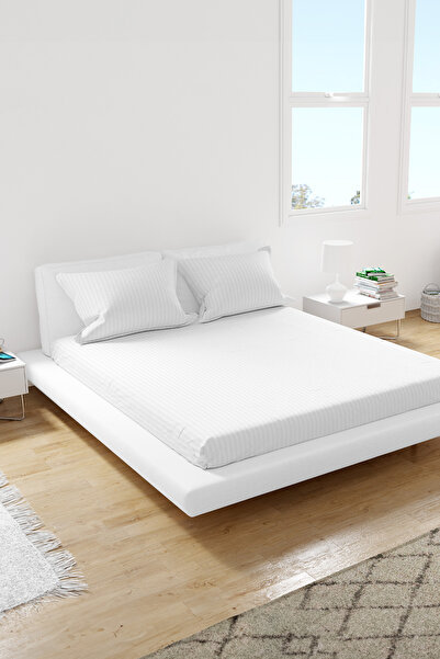 American Linen King Striped Fitted Elastic Bedsheet with 2 Pillow Case 200 x 200 Cm (White)