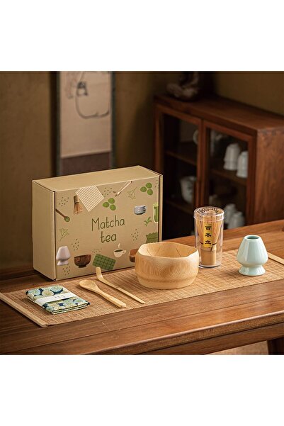 Lumely طقم شاي ماتشا ياباني، وعاء ماتشا من الخيزران مع حصيرة شاي، خفاقة ماتشا، حامل خفاقة سيراميك، منشفة،