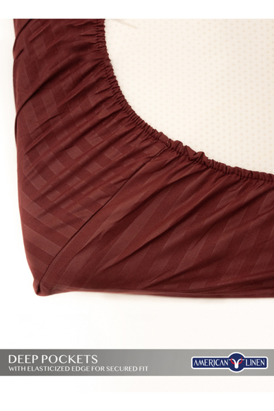 American Linen King Striped Fitted Elastic Bedsheet with 2 Pillow Case 200 x 200 Cm (Maroon)