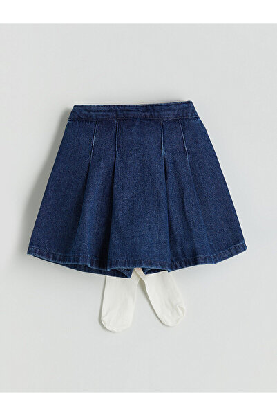 LC Waikiki LCW Kids Indigo Beli Lastikli Kız Çocuk Jean Şort Etek Ve Külotlu Çorap 2'li