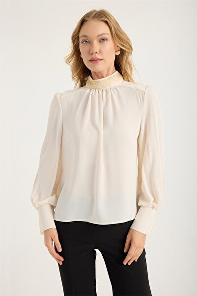 HomeStore Sequined Beaded Stand Collar Blouse