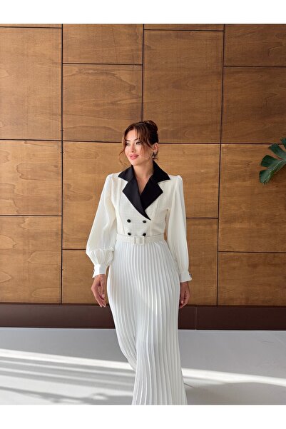 1Moda1Tarz Women's Imported Tweed Fabric Button Detailed Belted Lined Special Design Maxi Dress