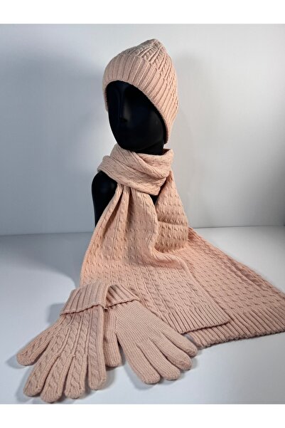 jasmina store şaç örgü desenli yumuşak tuşe atkı bere eldiven takımı