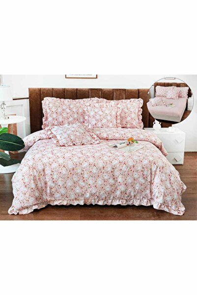 OEM Bed linen with ruffles, 2 persons, finet, 6 pieces, with elastic, pink, flowers, LELV115