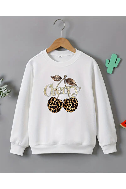 haha Kız Çocukları için Kiraz Baskılı Uzun Kollu T-shirt