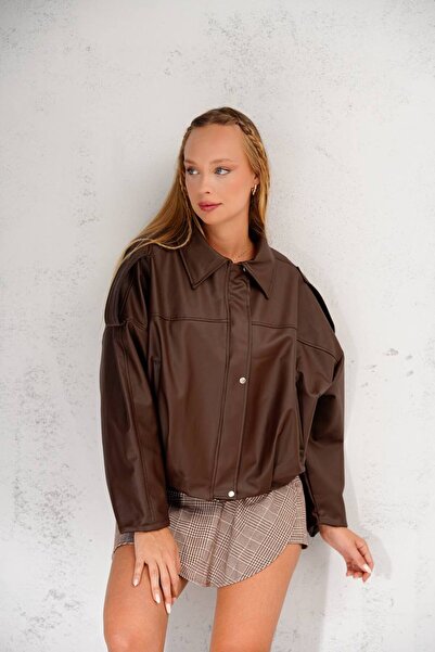 Jaglion Yeni Sezon Kadın Bomber Çizgili Deri Ceket