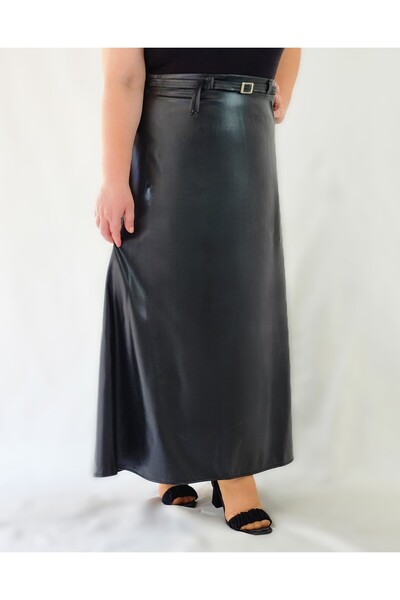 MRV DESIGN Plus Size Maxi Size Loose Black Leather Skirt with Belt Detail