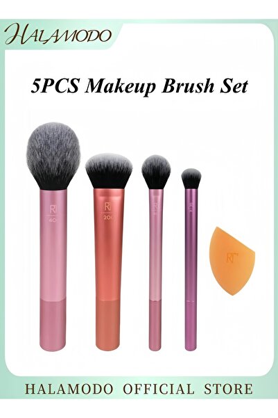HALAMODO مجموعة من 5 فرش مكياج فاخرة مع فرشاة أساس صناعية ومجموعة أدوات مكياج محمولة