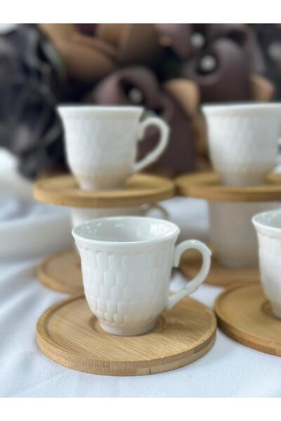 MD MİMOZA DEKOR Turkish Coffee Cup Regina Bamboo Porcelain 6 Person Set 12 Pieces