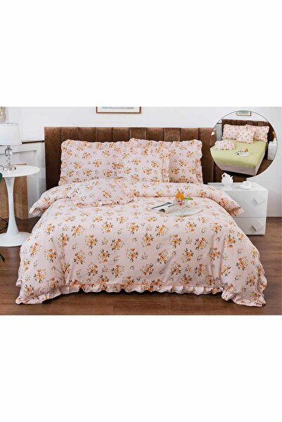 OEM Bed linen with ruffles, 2 persons, finet, 6 pieces, with elastic, pink, flowers, LELV105