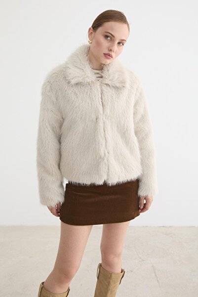 LEVURE Kadın Agraf Kapamalı Astarlı Kürk TAŞ