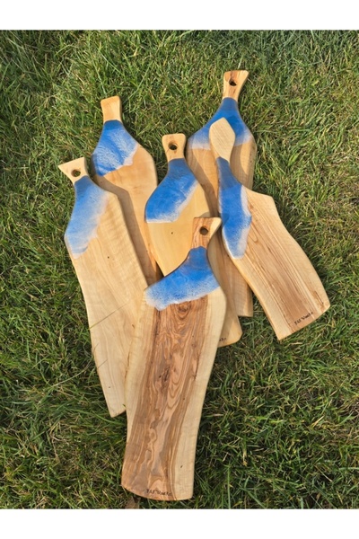 F&S WoodArt 45 X12 cm Natural Olive Wood Blue Sea Wave Epoxy Handle Cutting Cheese Presentation Board