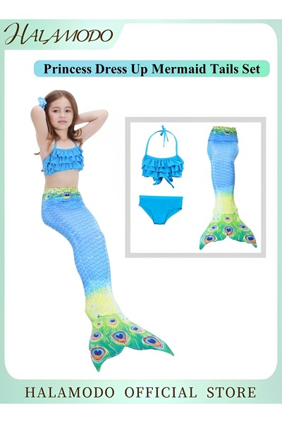 HALAMODO 3 قطع من ذيل حورية البحر للفتيات، فستان الأميرة، ذيل حورية البحر، هد...