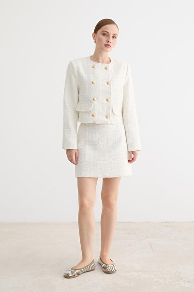 LEVURE Gold Button Detailed Women's Jacket Ekru