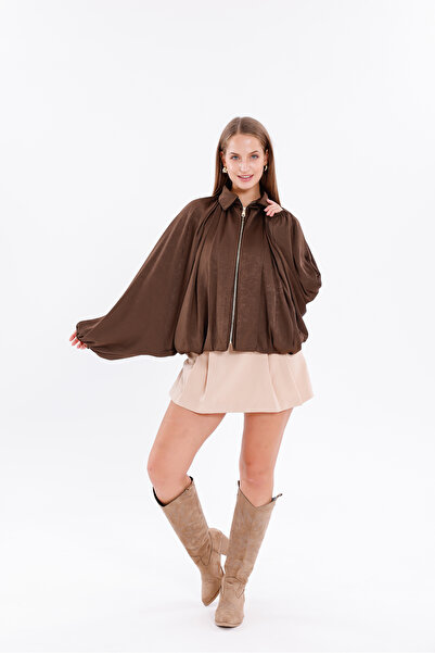 Moda Palmiss Дамско кафяво сатенено бомбър яке с цип и свободна кройка