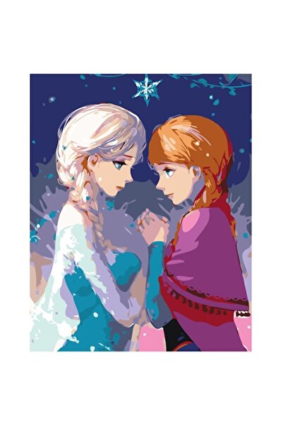 Painting by numbers Set pictura pe numere Ana si Elsa, panza bumbac pe rama lemn, 50x60 cm, 3 pensule si vopsea acrilica