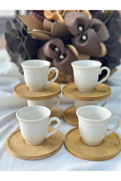 MD MİMOZA DEKOR Turkish Coffee Cup Regina Bamboo Porcelain 6 Person Set 12 Pieces