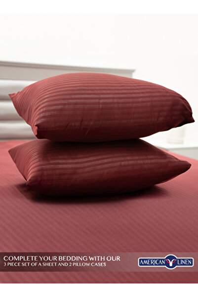 American Linen Queen Size Striped Fitted Elastic Bedsheet with 2 Pillow Cases 180 x 200 Cm (Maroon)