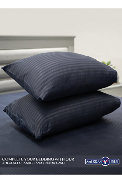 American Linen Single Striped Fitted Elastic Bedsheet with 1 Pillow Case 90 x 190 Cm (Navy Blue)