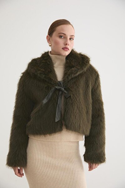 LEVURE Women's Garni Leather Bow Detailed Fur Khaki