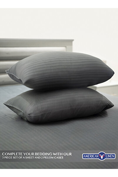 American Linen Single Striped Fitted Elastic Bedsheet with 1 Pillow Case 90 x 190 Cm Grey