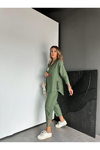 Zerrincan Giyim Haki Dantelli Gömlek Pantolon Takım